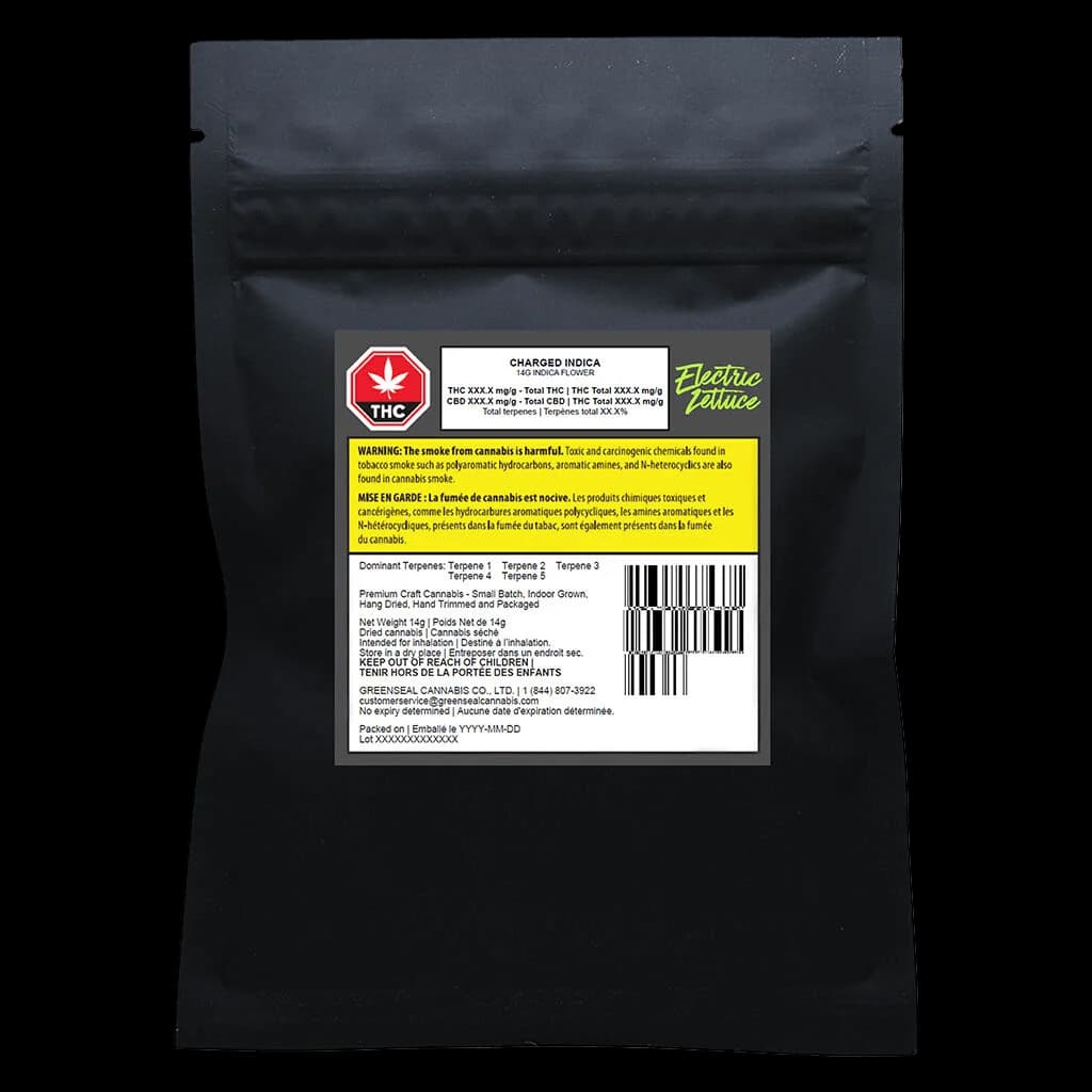 Pochette de 14 g de fleurs séchées Charged Indica d'Electric Lettuce avec logo THC rouge et étiquette d'avertissement jaune de Santé Canada