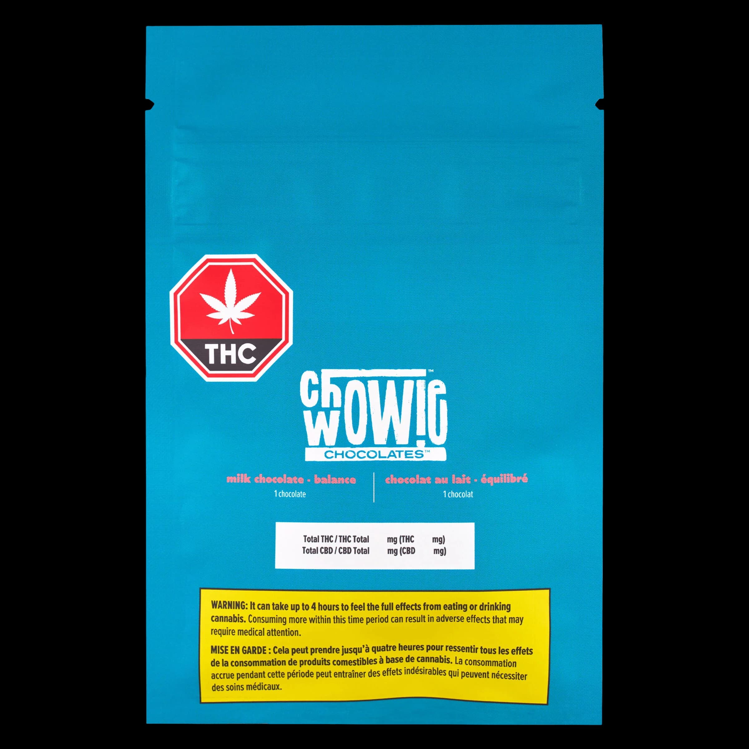Chowie Wowie Balance Solid Milk Chocolate package front with THC warning symbol, bilingual text, and Health Canada warning label on teal background