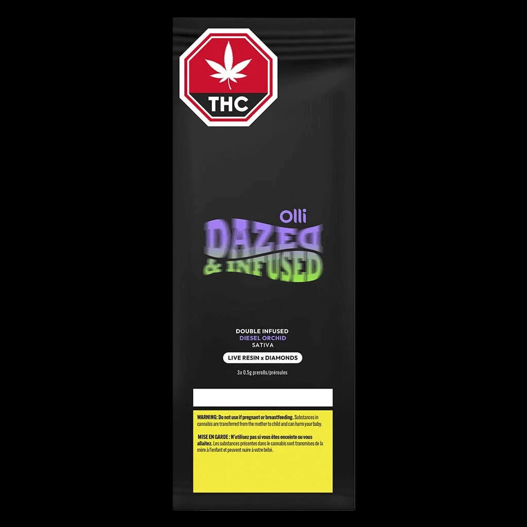 Olli Dazed & Infused Diesel Orchid live resin diamond pre-roll pack, 3x0.5g, with THC warning symbol and Health Canada safety label
