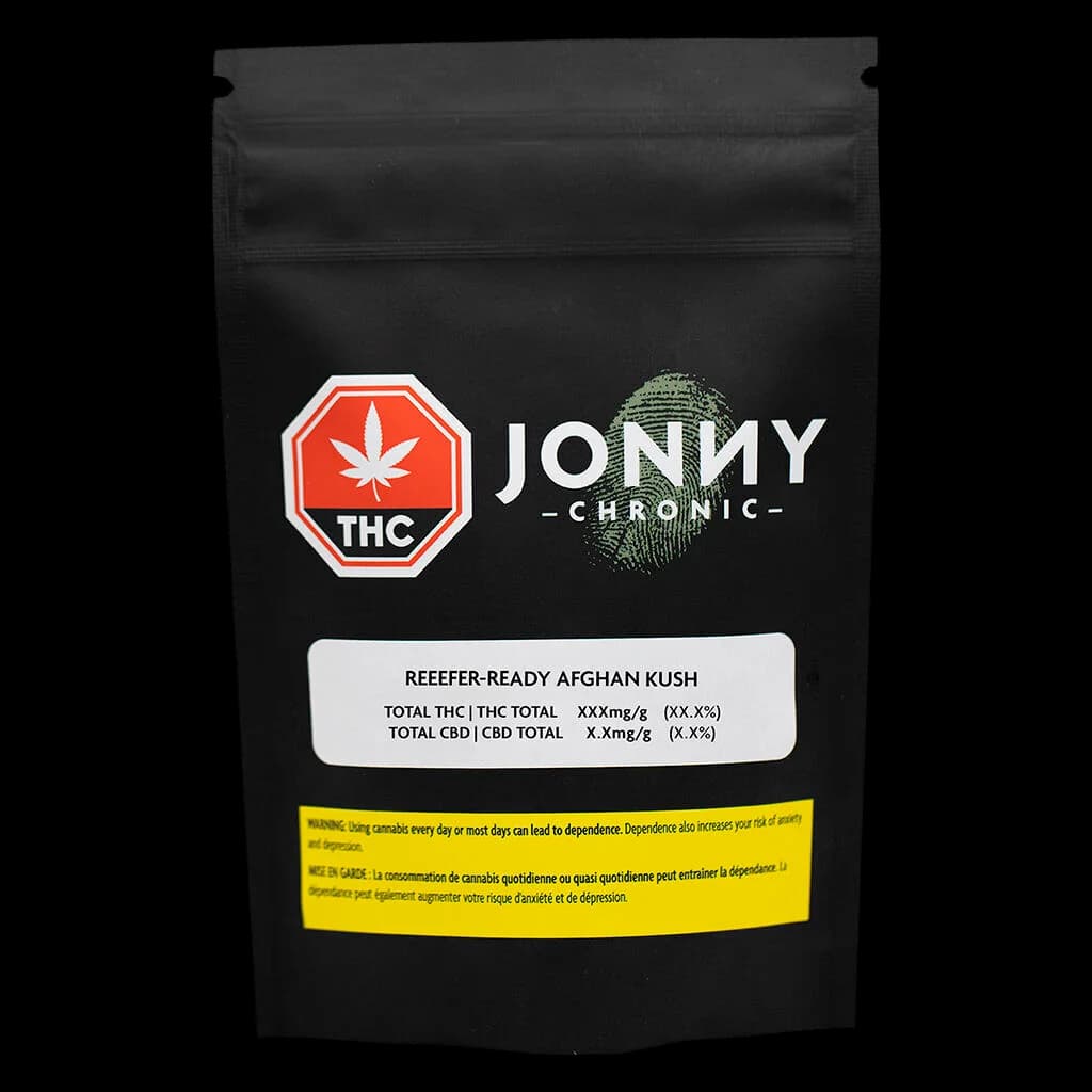 Jonny Chronic Reefer-Ready Afghan Kush cannabis dried flower in black resealable pouch with red THC symbol and yellow Health Canada warning label