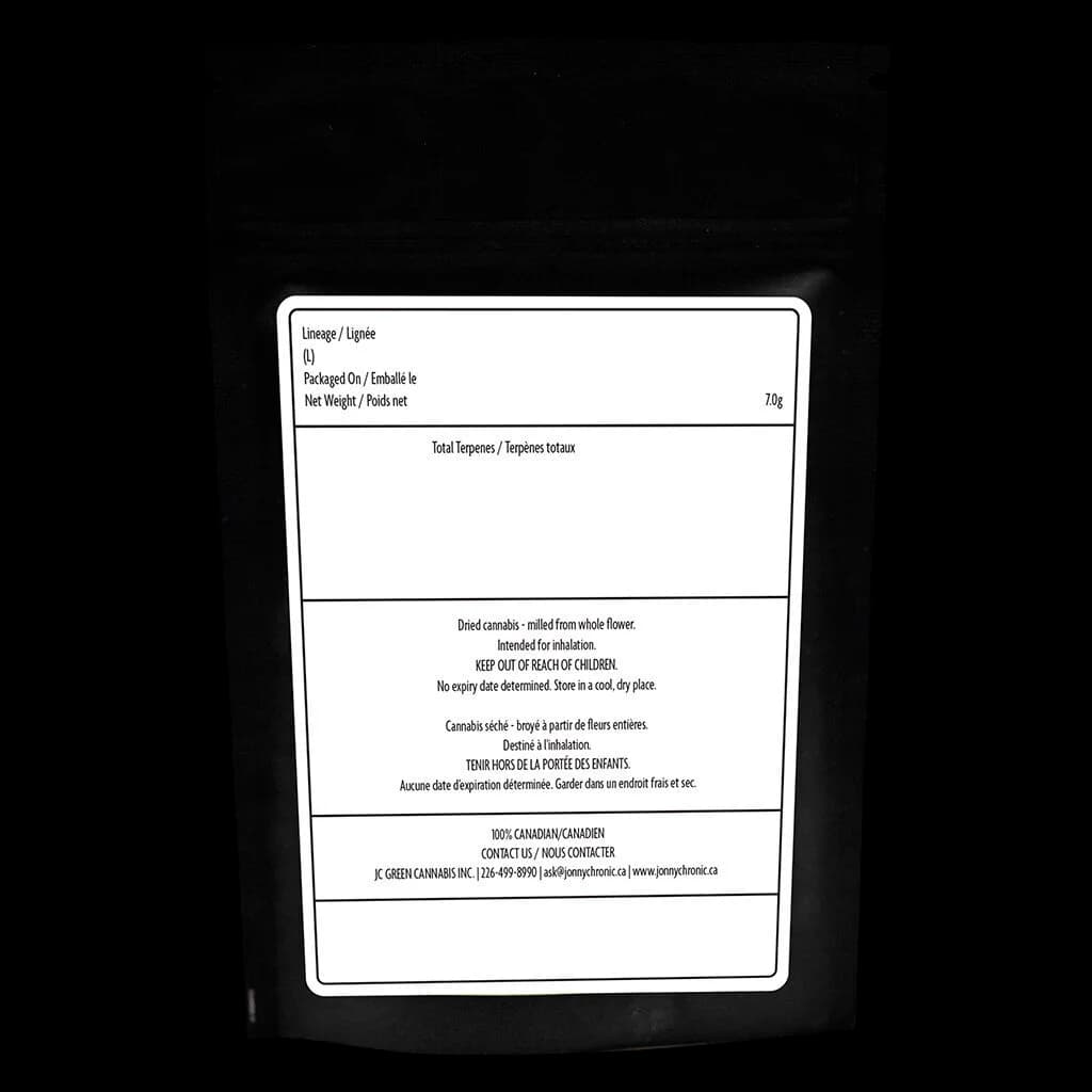 Jonny Chronic Afghan Kush milled dried flower, 70g pouch, back label showing product details and Health Canada warnings