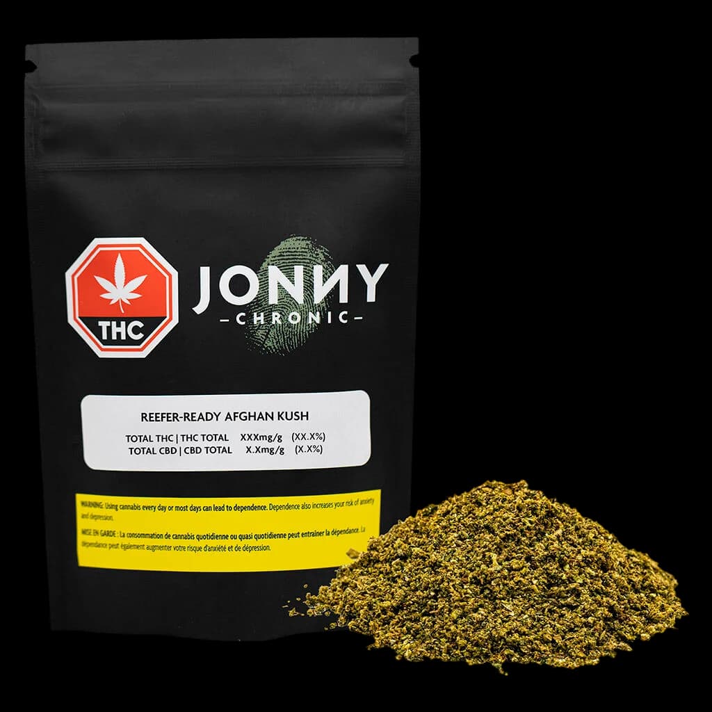 Jonny Chronic Reefer-Ready Afghan Kush milled cannabis flower in black pouch with red THC symbol, pile of golden-green ground flower displayed beside packaging