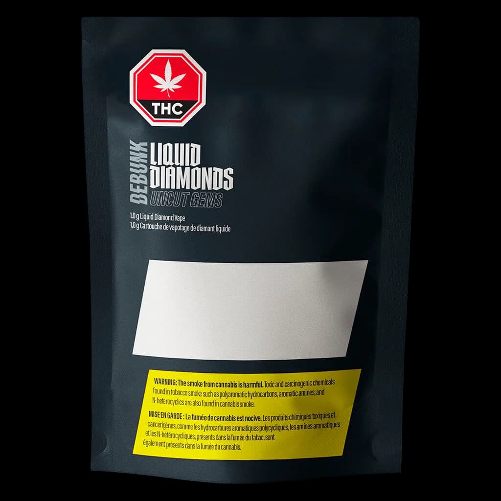 Debunk Liquid Diamonds Uncut Gems 1.0g cannabis vape cartridge with red THC warning symbol on black pouch packaging