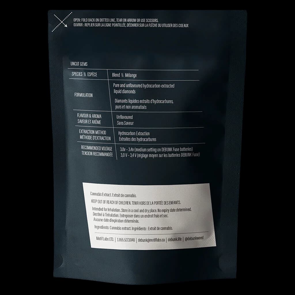 Debunk Uncut Gems cannabis liquid diamond concentrate cartridge package, rear label showing blend, formulation, extraction method, and voltage specifications