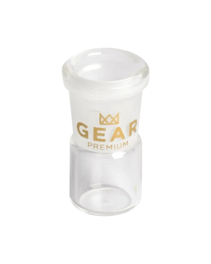 Pot de conservation en verre transparent GEAR Premium avec logo couronne dorée et couvercle blanc, contenant à cannabis vide