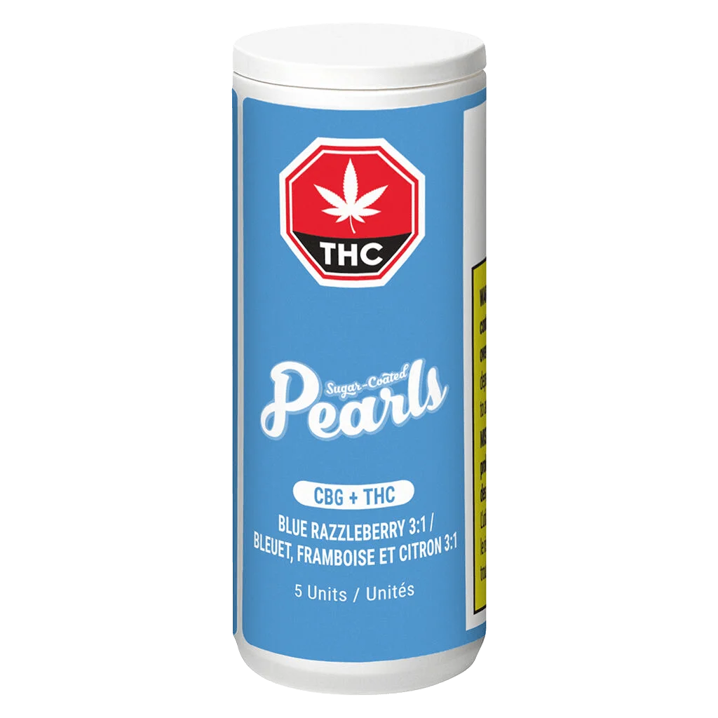 Pearls Sugar-Coated Blue Razzleberry 3:1 CBG+THC soft chews, 5-unit package with blue cylindrical tube packaging