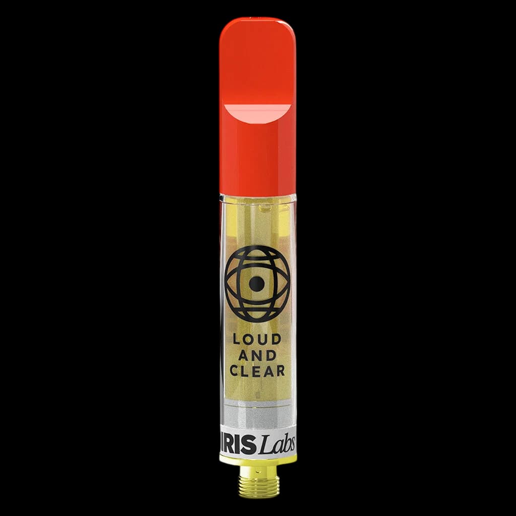 IRIS Labs Loud and Clear 510 thread cannabis vape cartridge with red cap and gold oil fill