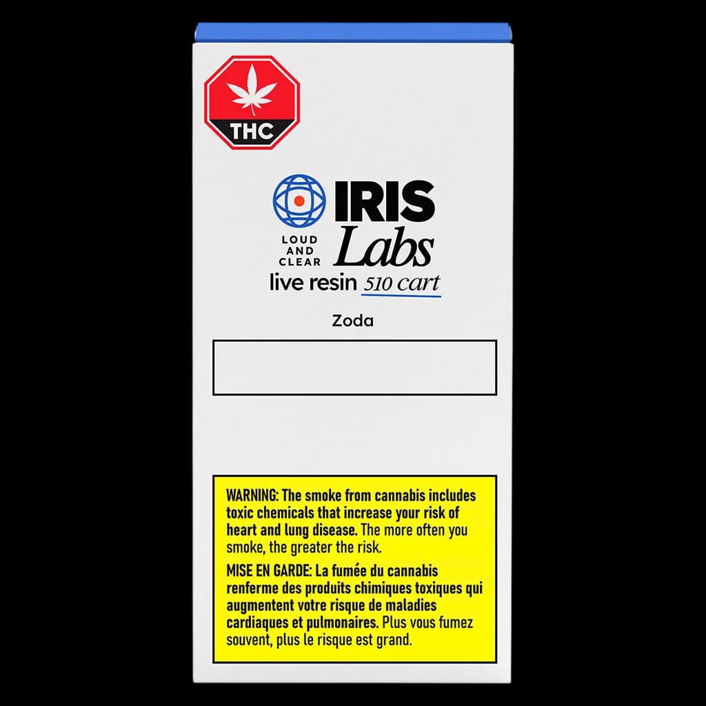 IRIS Labs Zoda live resin 510 cart front packaging with THC warning symbol and Health Canada warning label