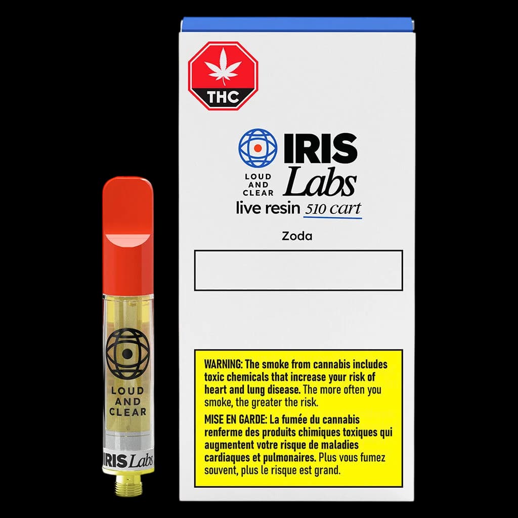 IRIS Labs Zoda live resin 510 cartridge with red cap and yellow oil, shown alongside packaging with THC warning symbol