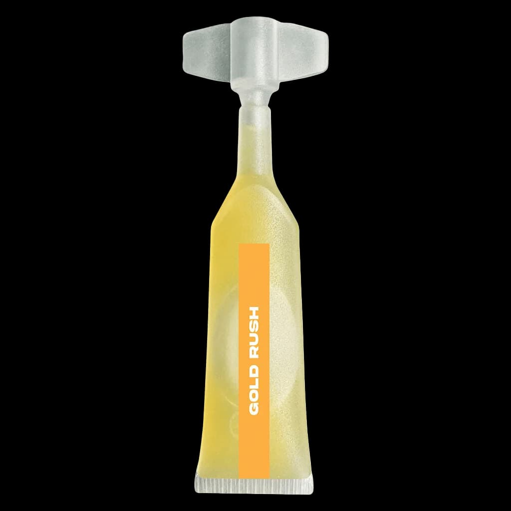 Bouteille individuelle de boisson au cannabis Gold Rush avec liquide jaune et étiquette orange