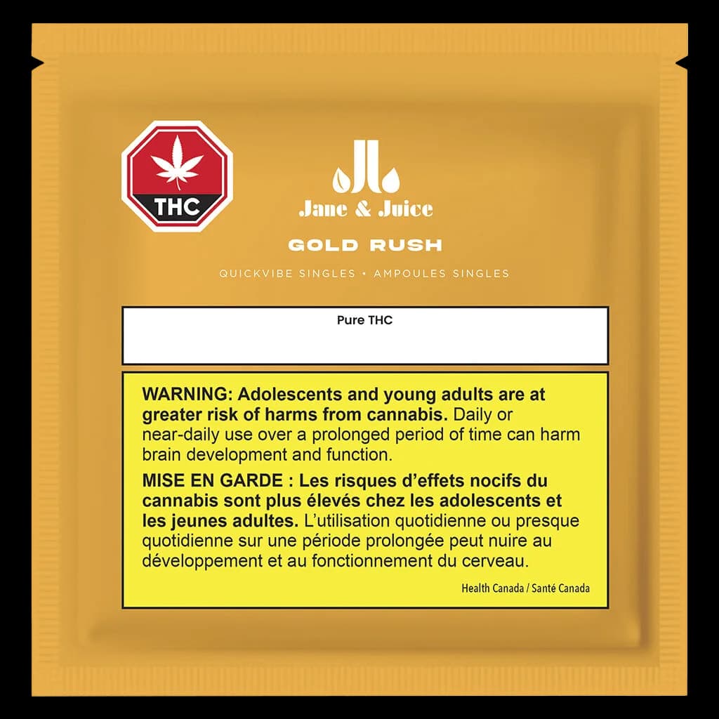 Sachets individuels Gold Rush de Jane & Juice, boisson au cannabis THC pur avec mise en garde de Santé Canada sur emballage doré
