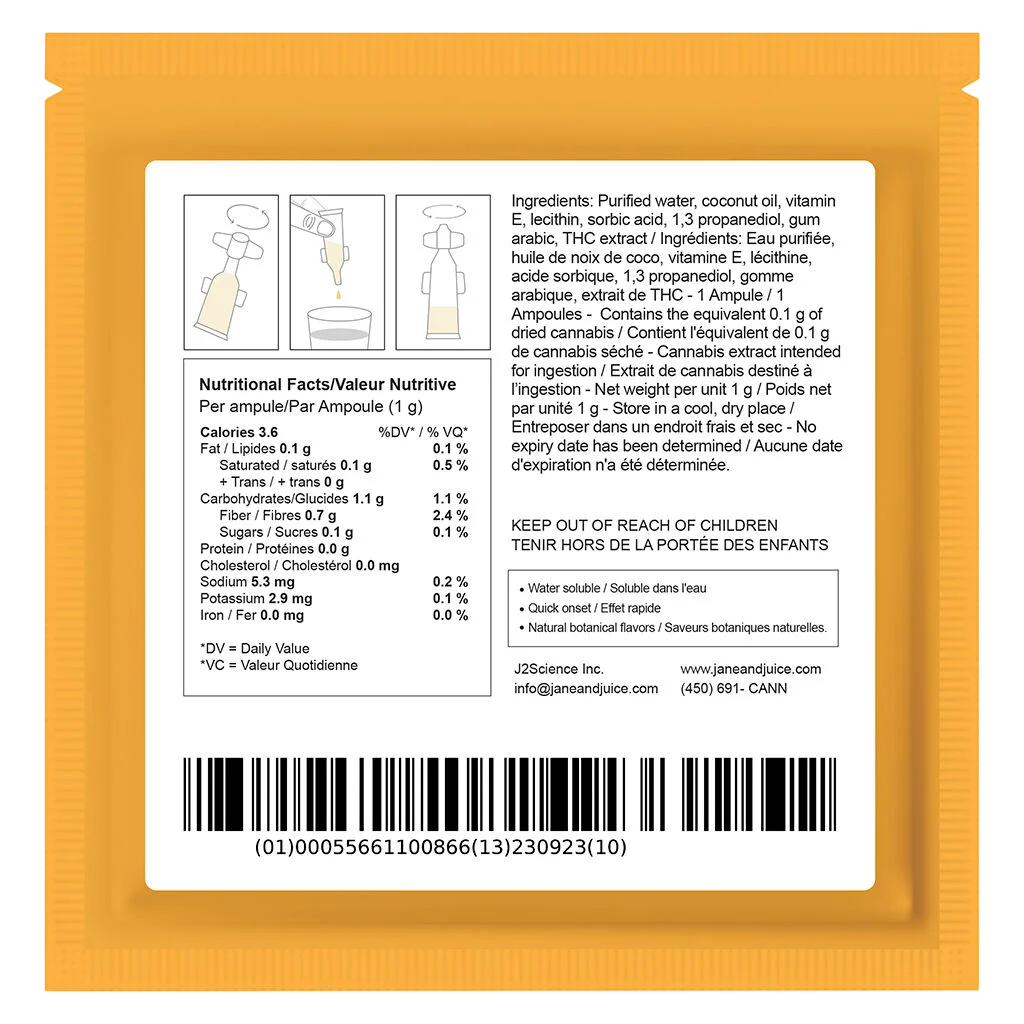 Boisson cannabique Jane & Juice Gold Rush Singles, extrait de THC 1 g par ampoule, étiquette arrière de la pochette orange indiquant les ingrédients, les informations nutritionnelles et les mises en garde bilingues.