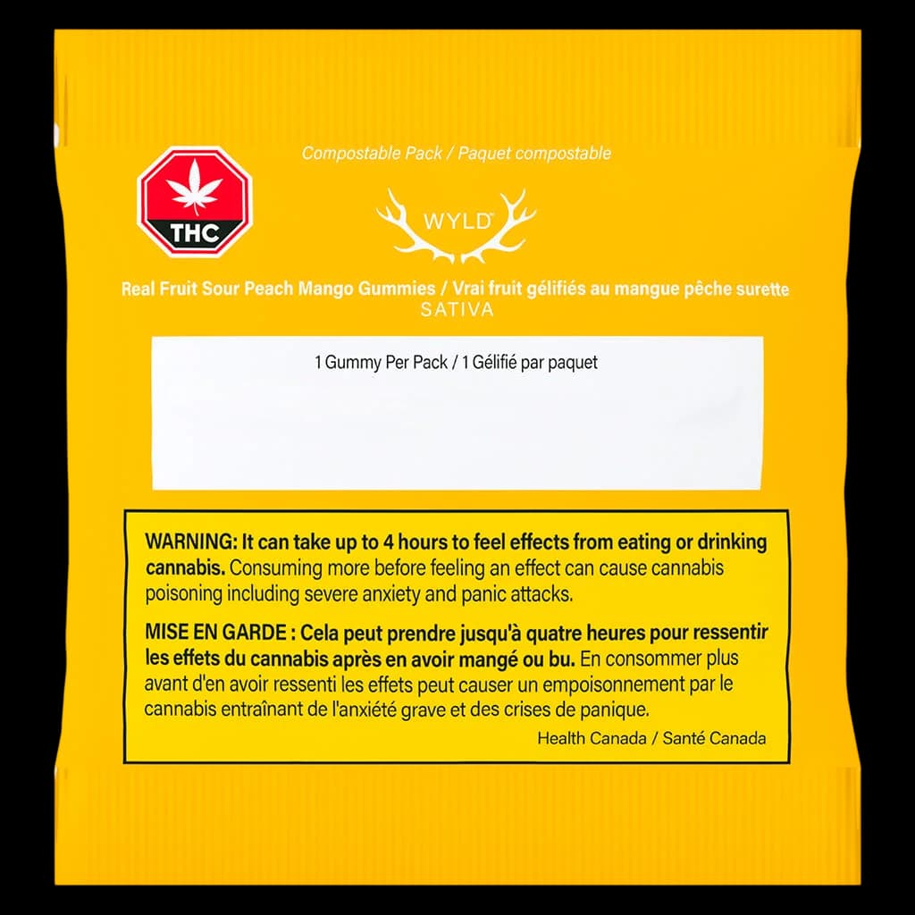 Wyld Real Fruit Sour Peach Mango Gummies sativa edible, 1 gummy per compostable pack, with Health Canada THC warning label