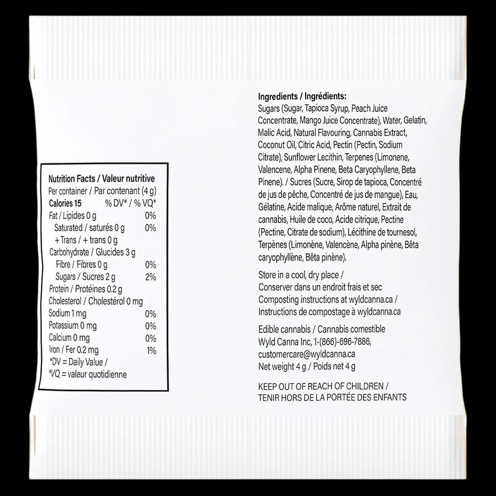Wyld Real Fruit Sour Peach Mango 4g cannabis gummies package rear label showing nutrition facts, ingredients, and health warnings
