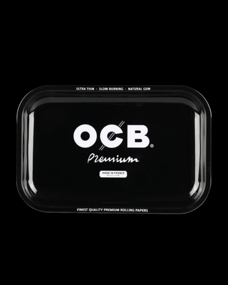 OCB Premium rolling tray, black with white logo, ultra-thin slow-burning natural gum design, made in France