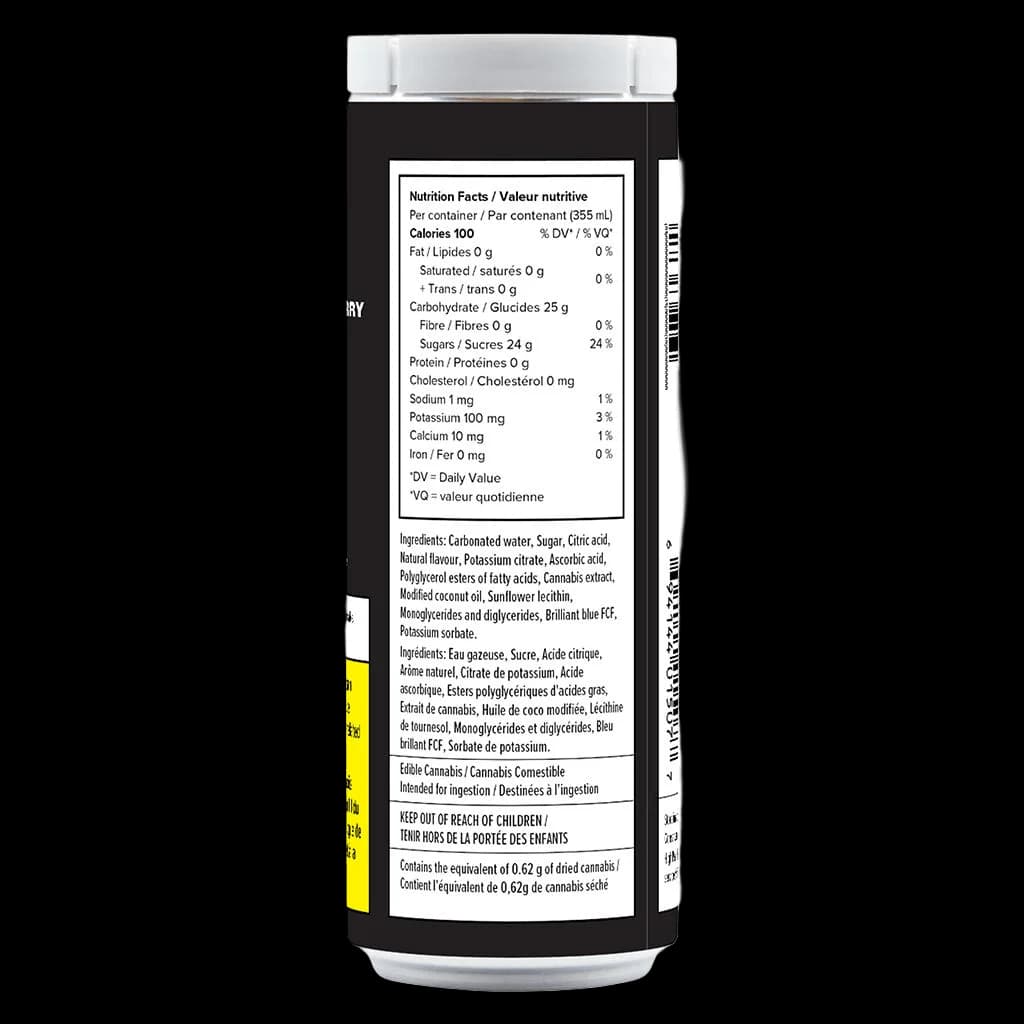 RIFF Blue Raspberry Ice cannabis beverage 355mL can, rear label showing nutrition facts, ingredients, and cannabis content of 0.62g dried cannabis equivalent