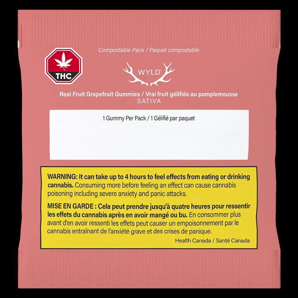 WYLD Real Fruit Grapefruit Gummies, sativa cannabis edible, 1 gummy per pack with Health Canada warning label on coral packaging