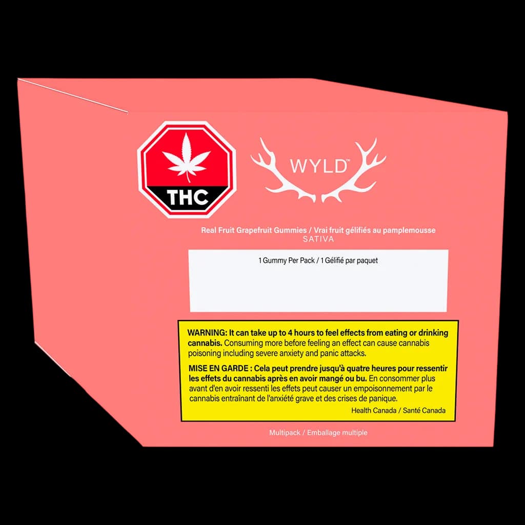 Wyld Real Fruit Grapefruit Gummies Sativa package front with THC warning symbol and Health Canada safety label on coral background