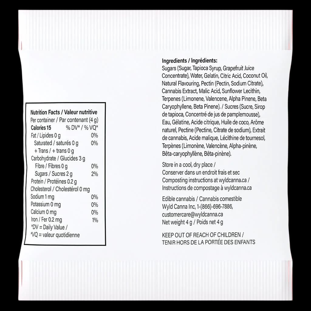 Wyld Real Fruit Grapefruit 1:1:1 THC:CBG:CBC gummies back label showing nutrition facts, ingredients, and storage instructions for 4g cannabis edible