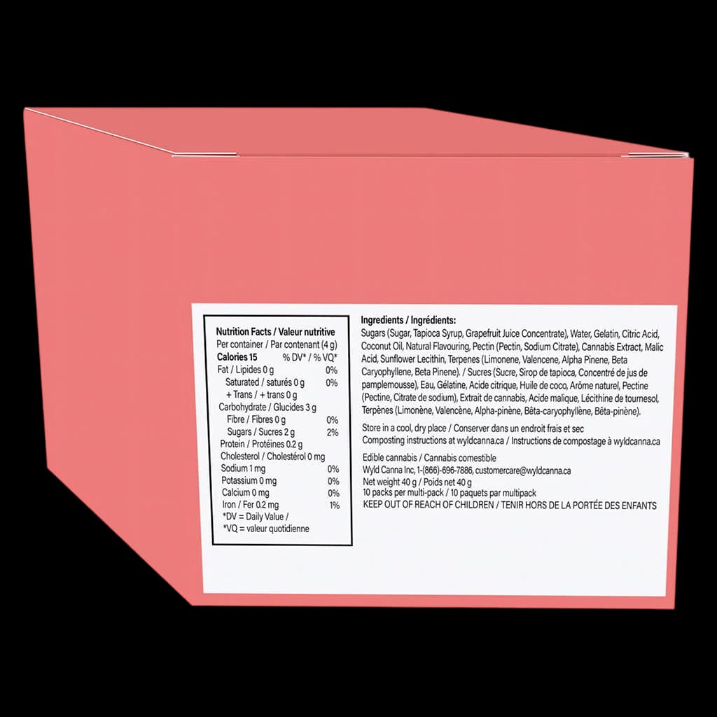 Wyld Real Fruit Grapefruit Sativa Gummies 1:1:1 THC:CBG:CBC 40g multi-pack, rear packaging showing nutrition facts and ingredients
