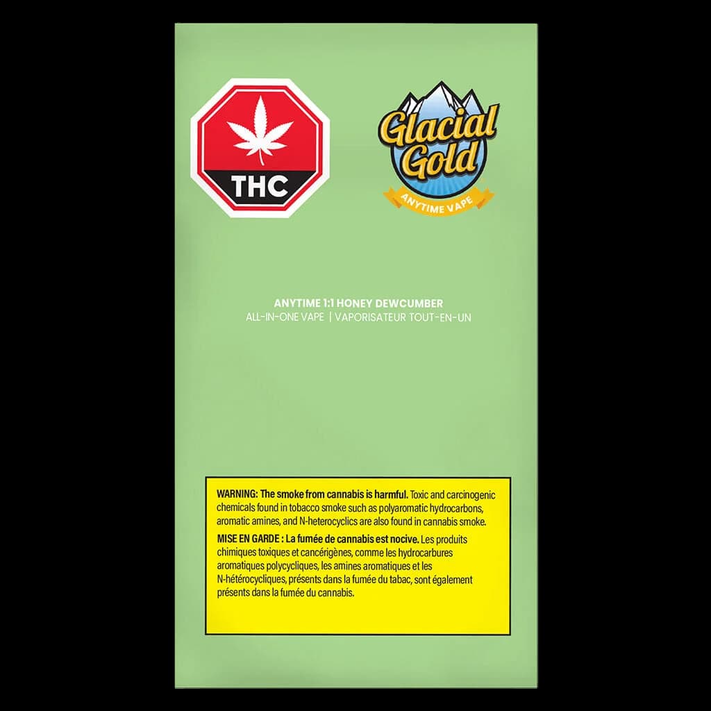 Glacial Gold Anytime 1:1 Honey Dewcumber cannabis vape cartridge packaging with THC symbol and product details on green background