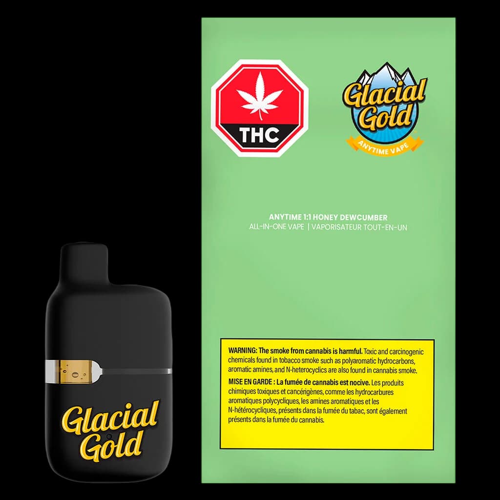 Glacial Gold Anytime 1:1 Honey Dewcumber disposable vape pen with black body and gold accents, shown with packaging front displaying THC symbol and product details