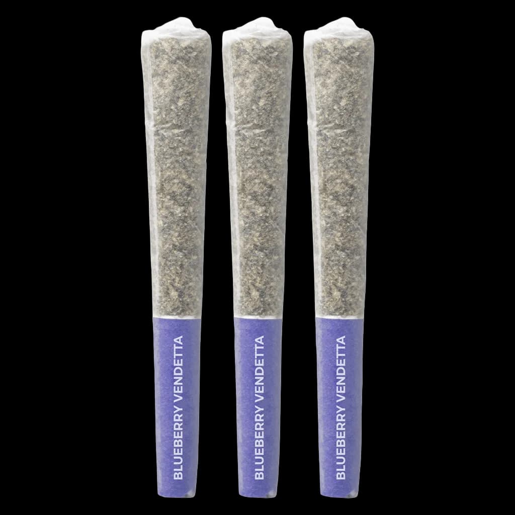 Pistol and Paris Blueberry Vendetta pre-rolls, 3-pack with purple filter tips and cannabis flower visible