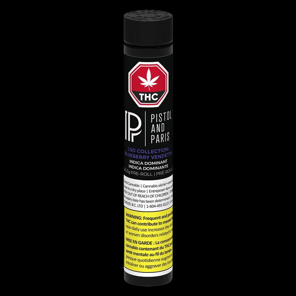 Pistol and Paris Blueberry Vendetta 0.5g pre-roll with THC warning label and Health Canada regulatory text on black tube packaging