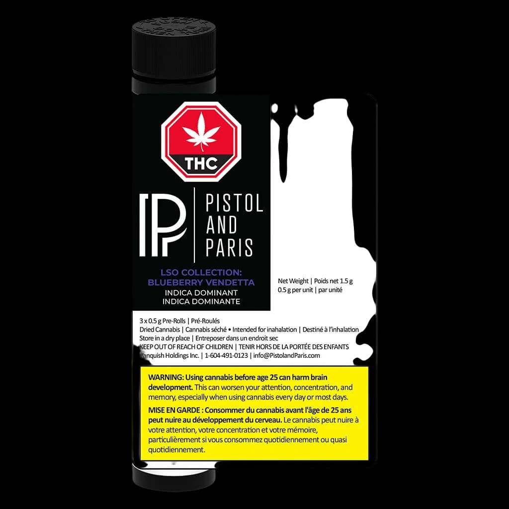 Pistol and Paris Blueberry Vendetta pre-roll pack, 3 x 0.5g, indica dominant cannabis dried flower, with THC warning label and Health Canada regulatory text visible