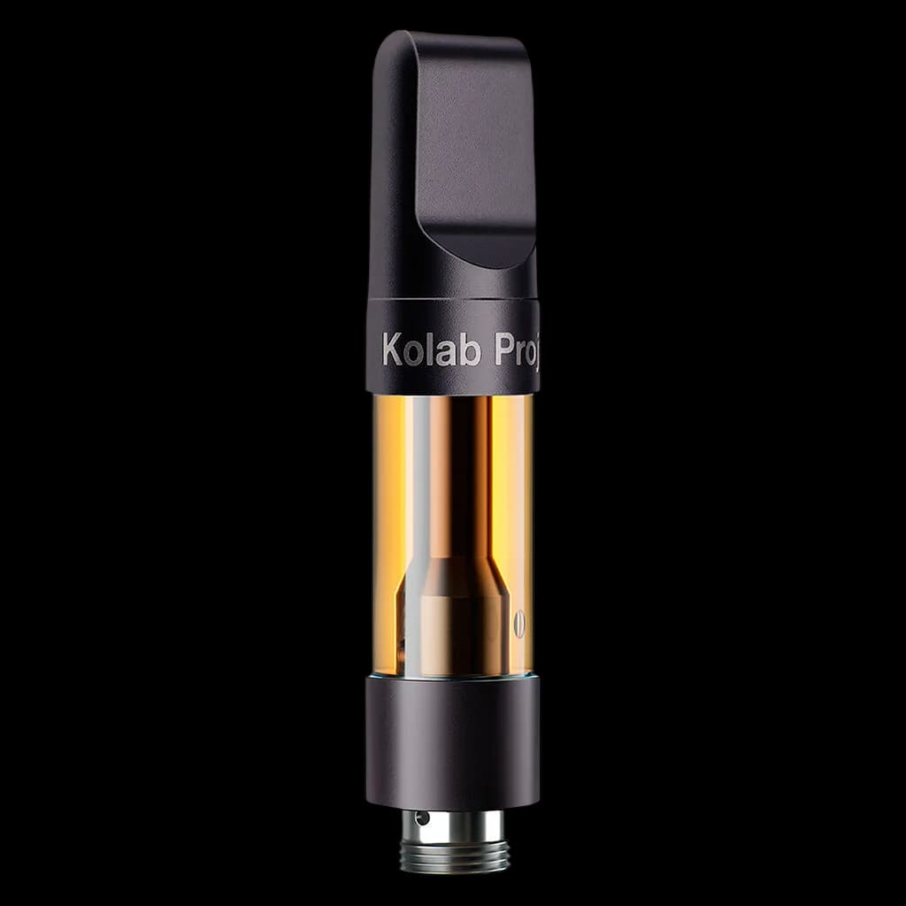 Kolab Project Blue Passionfruit Diamonds 510 thread cannabis vape cartridge with black mouthpiece and gold-filled glass chamber