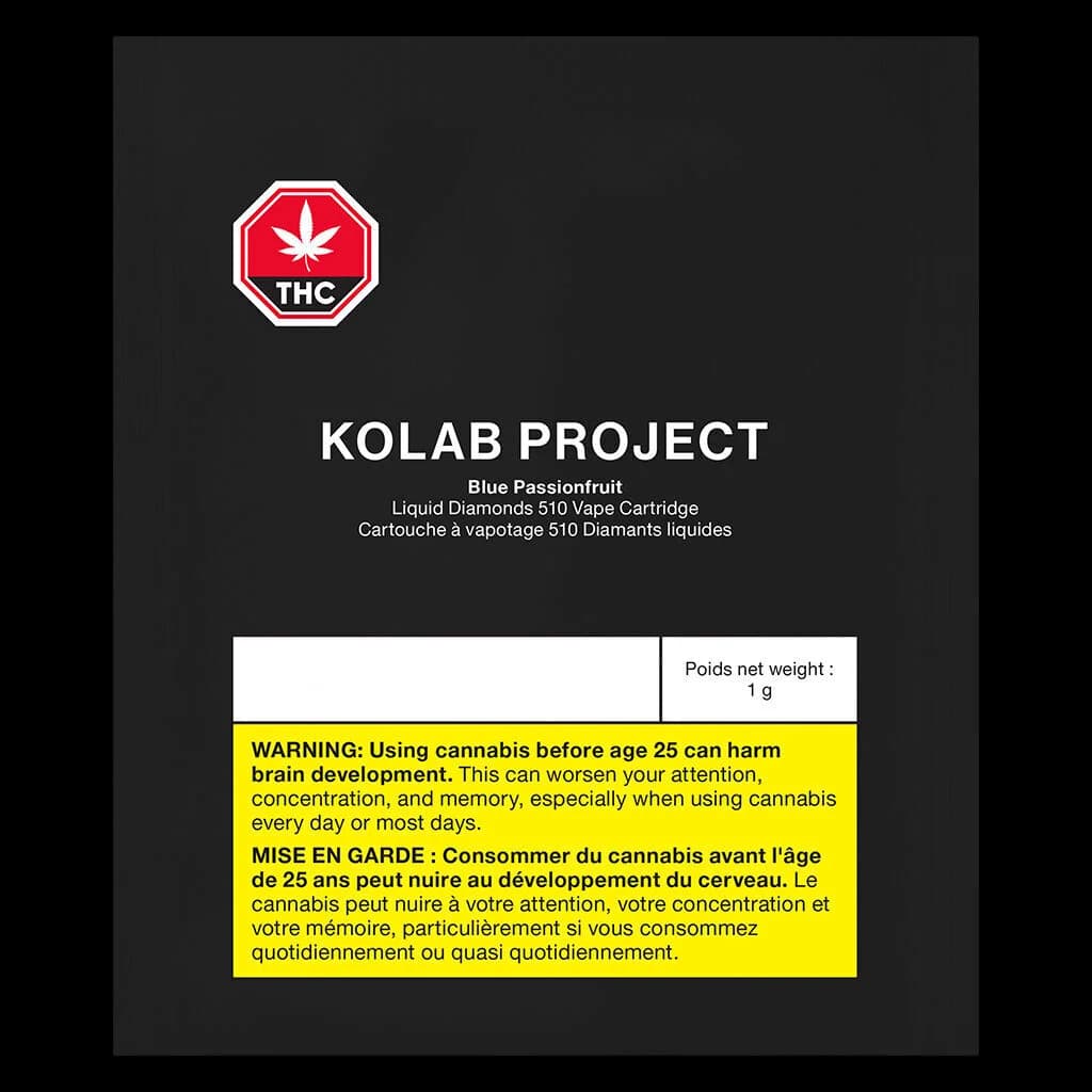 Kolab Project Blue Passionfruit Liquid Diamonds 510 vape cartridge, 1g, with THC warning symbol and Health Canada regulatory label