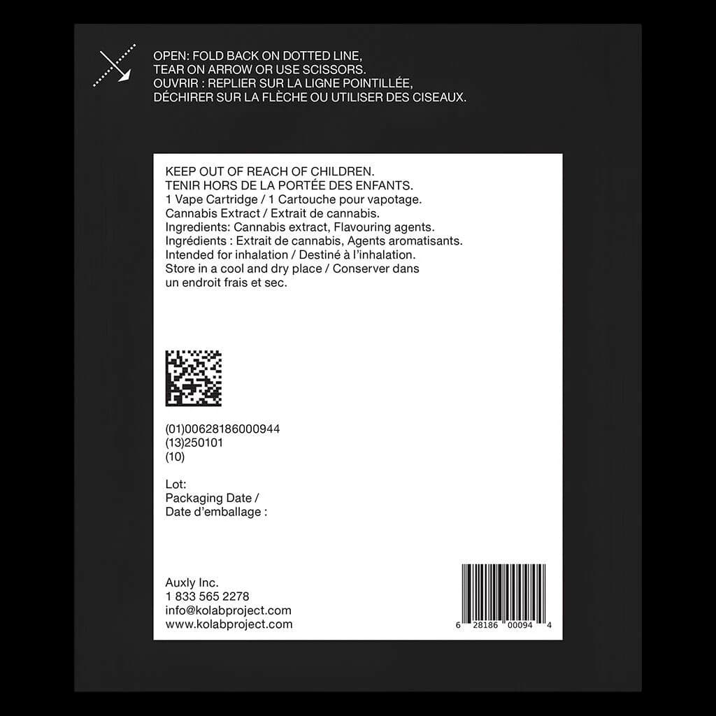 Back of Kolab Project cannabis vape cartridge packaging with bilingual safety warnings, ingredients, and regulatory information including QR code and barcode.