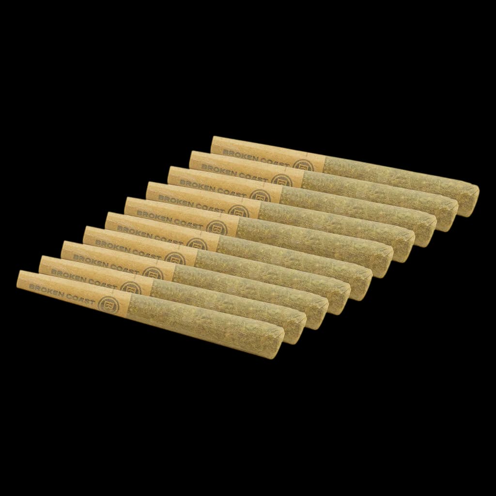 Broken Coast Cherry Ztripez pre-roll pack with 10 cannabis pre-rolls arranged in rows