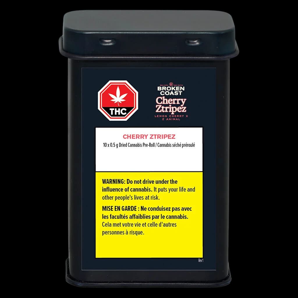 Broken Coast Cherry Ztripez 10 x 0.5g dried cannabis pre-roll pack with red THC warning symbol and yellow Health Canada warning label
