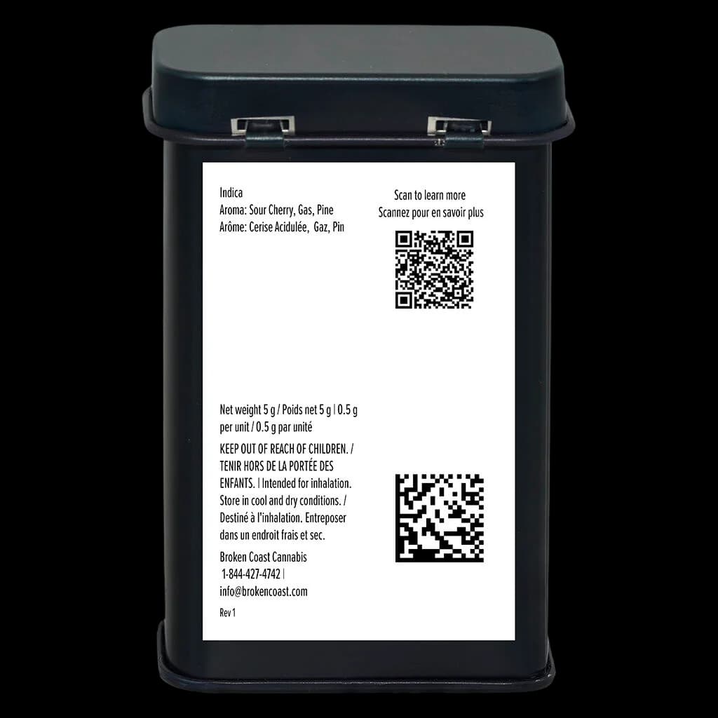 Broken Coast Cannabis 5g pre-roll package back label showing Indica strain, sour cherry and gas aroma, net weight, and storage instructions