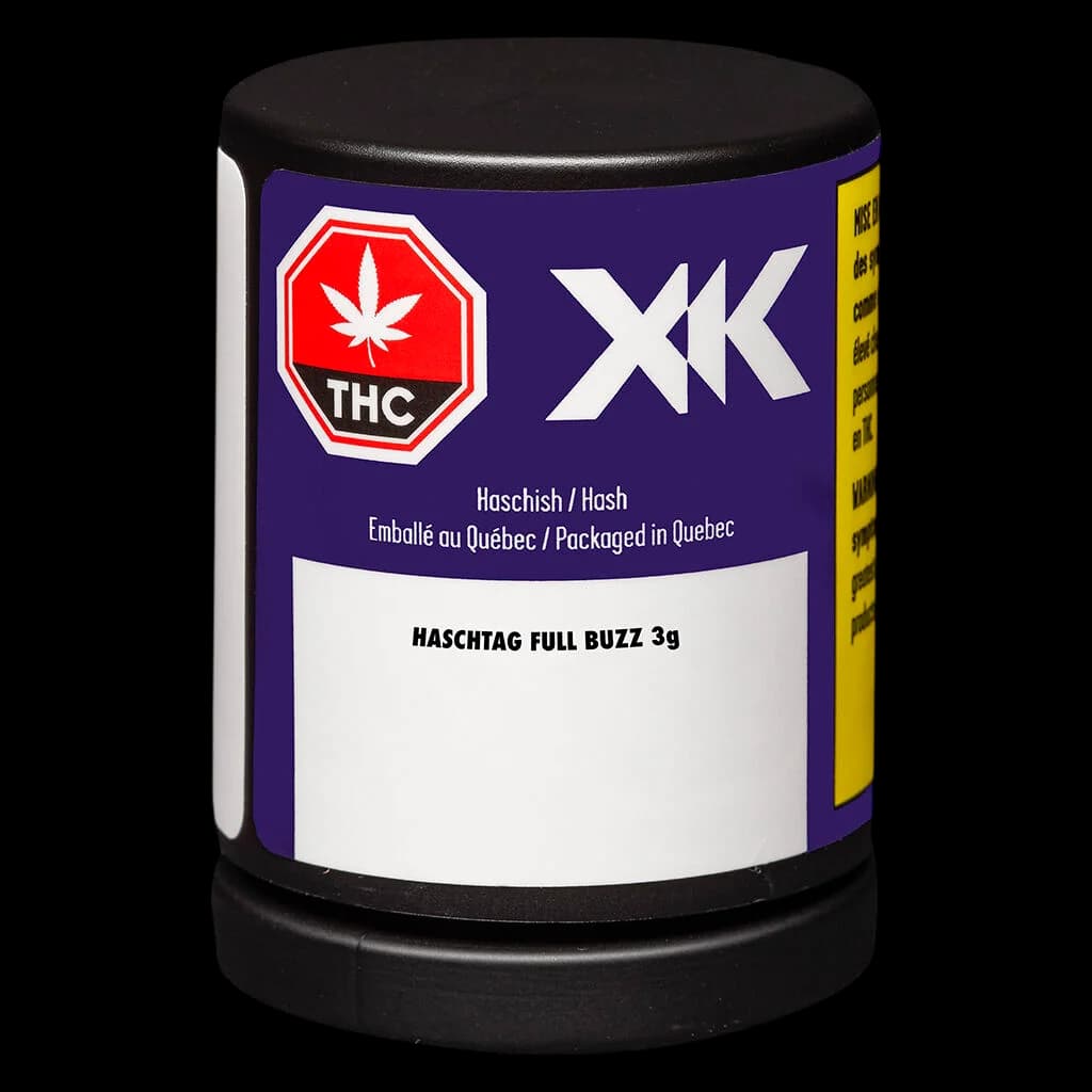 XK Haschtag Full Buzz 3g cannabis hash in purple and black cylindrical jar with THC warning symbol