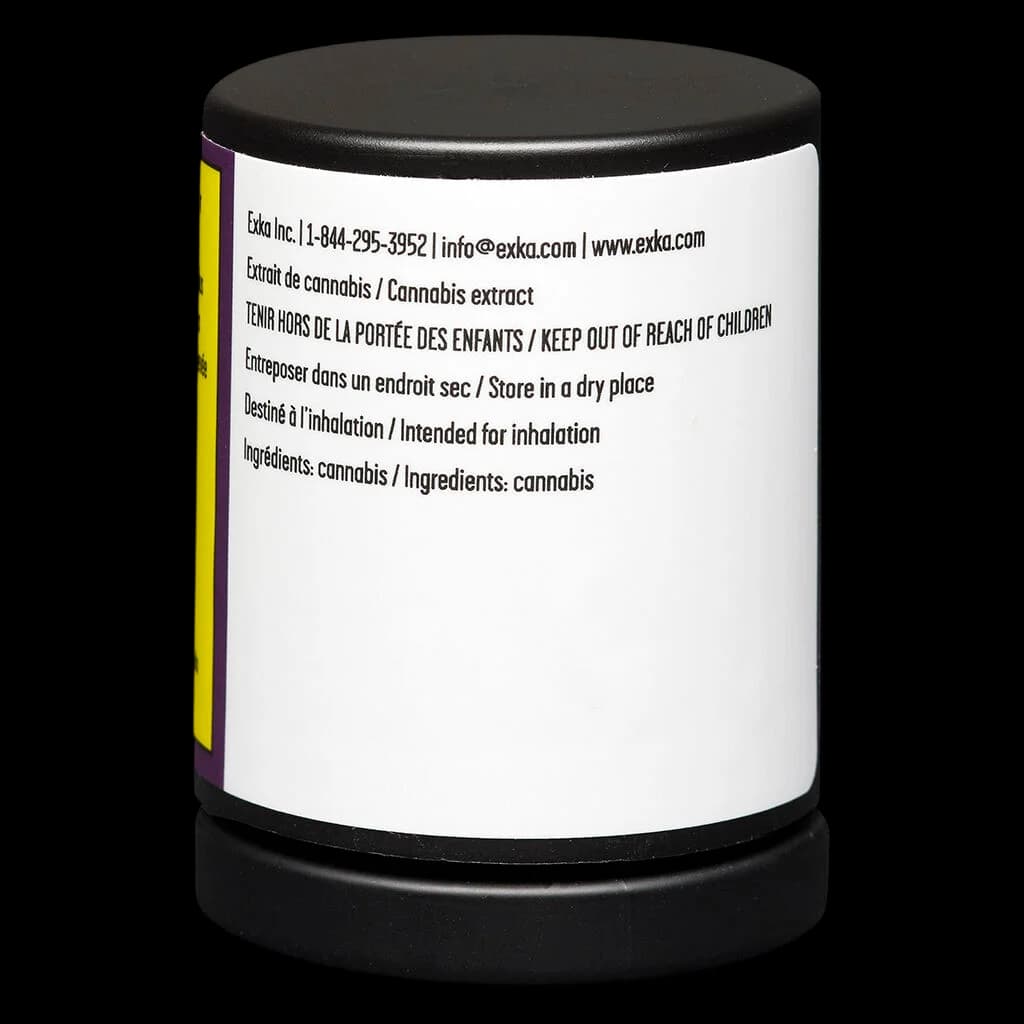 Exka Inc. cannabis extract jar with black lid, white label showing bilingual text, purple and yellow accent stripe