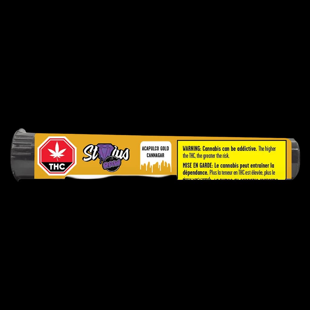Acapulco Gold Cannagar pre-roll by Status Raw with gold packaging, THC warning symbol, and Health Canada bilingual warning label