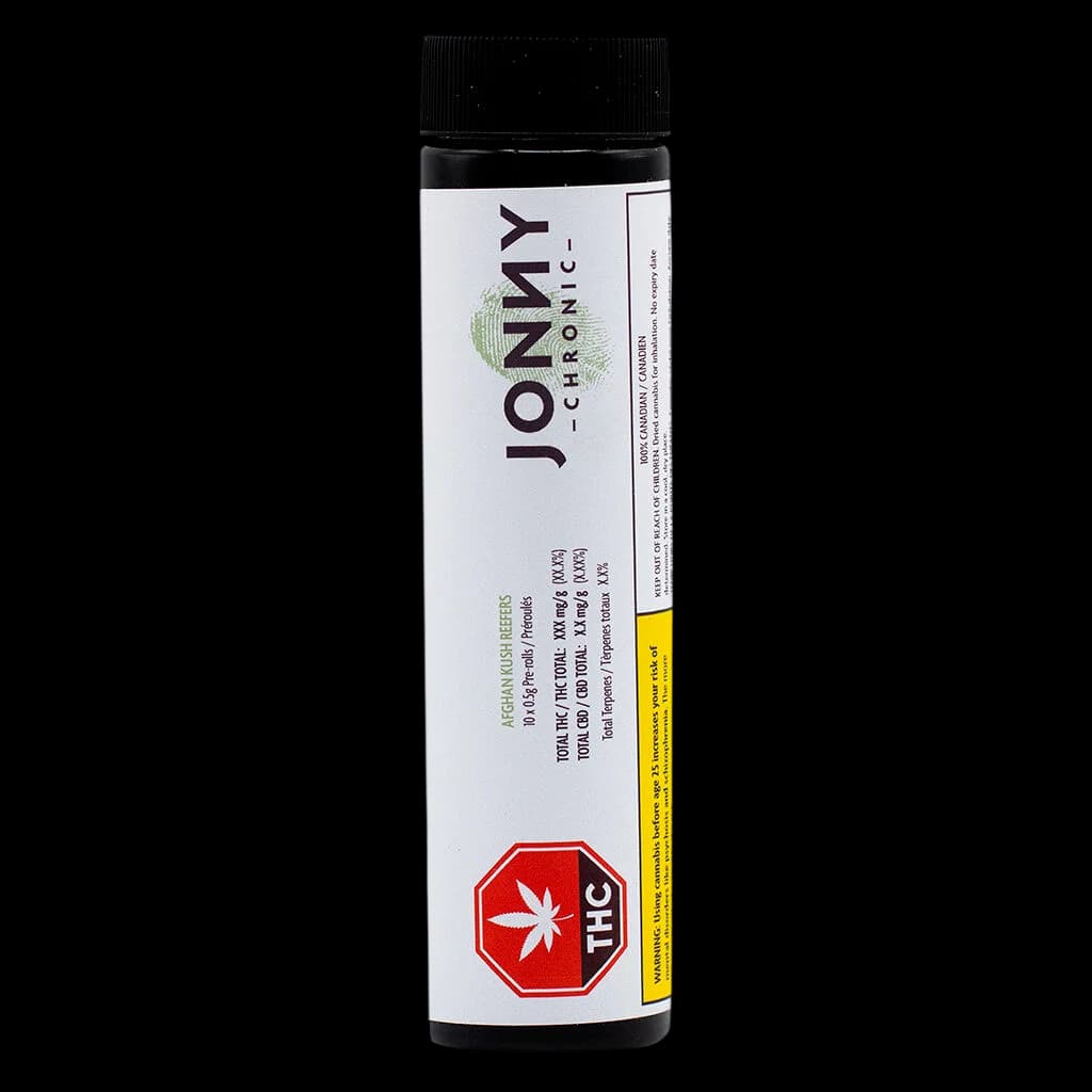 Jonny Chronic Afghan Kush Reefers pre-roll pack with black cap, white label, THC warning symbol, and potency information visible