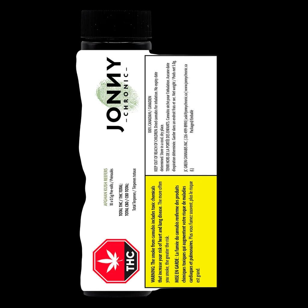 Jonny Chronic Afghan Kush Reefers pre-roll package with black cap, green fingerprint logo, and yellow Health Canada warning label