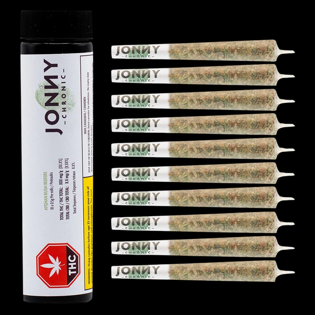 Jonny Chronic Afghan Kush Reefers 10-pack pre-rolls with packaging displaying THC potency label