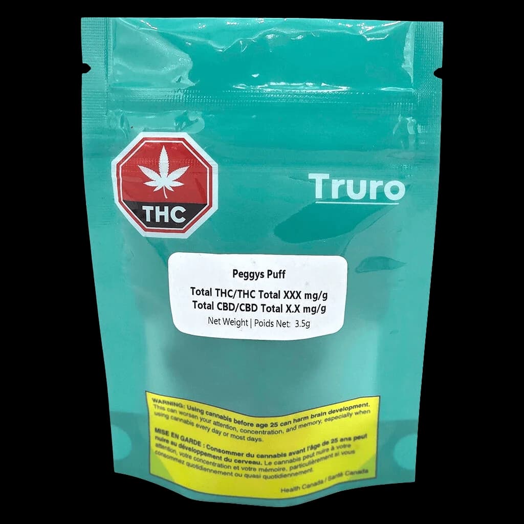 Pochette de fleurs de cannabis séchées Peggys Puff de Truro 3,5 g avec emballage turquoise, symbole d'avertissement THC rouge et étiquette d'avertissement jaune de Santé Canada