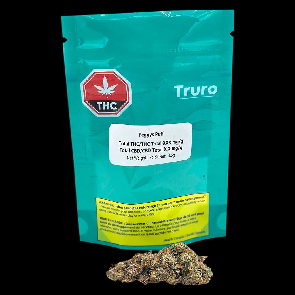 Truro Peggys Puff 3.5g dried flower cannabis with turquoise packaging showing THC warning label