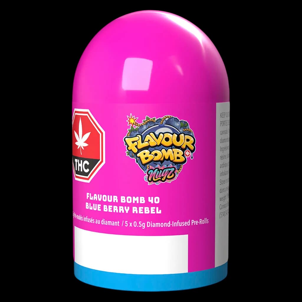 Flavour Bomb 40 Blue Berry Rebel 5 x 0.5g diamond-infused pre-rolls in bright pink packaging with THC symbol