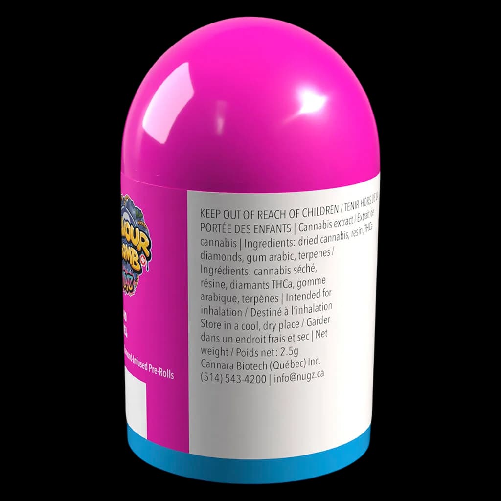 Nugz Flavour Bomb Blue Berry Rebel 2.5g diamond infused pre-roll in bright pink pod packaging with product details label