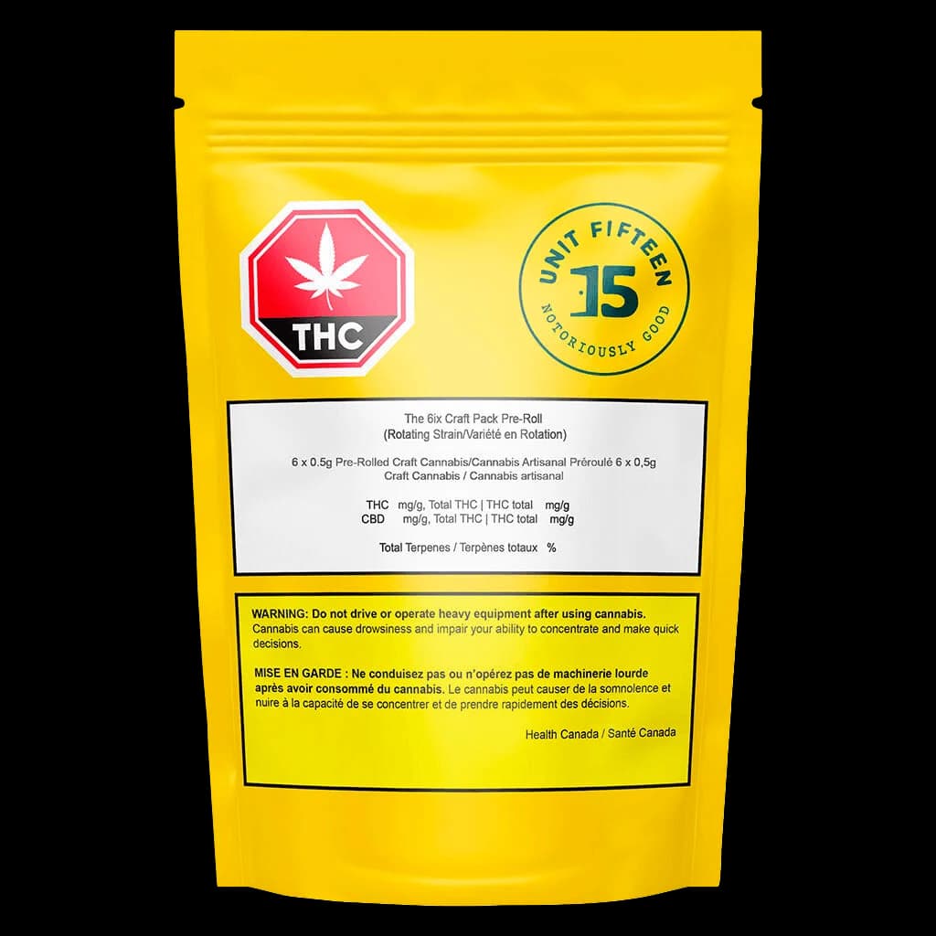 Préparations pré-roulées The 6ix Craft Pack de Unit 15, 6 joints de cannabis pré-roulés de 0,5 g dans un emballage jaune vif avec le symbole THC et l'avertissement de Santé Canada
