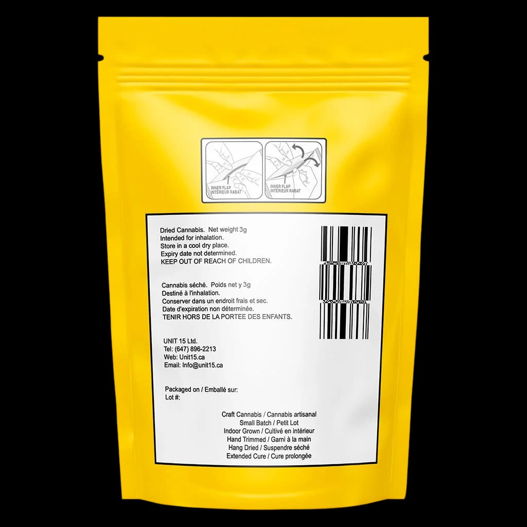 Pochette de cannabis séché The 6ix Craft Pack 3 g de Unit 15, emballage jaune avec étiquette réglementaire et texte bilingue