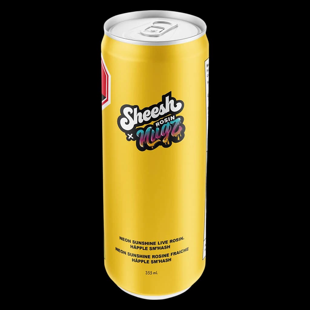 Sheesh x Nugz Neon Sunshine Live Rosin Happle Sm'Hash 355ml cannabis beverage in yellow aluminum can
