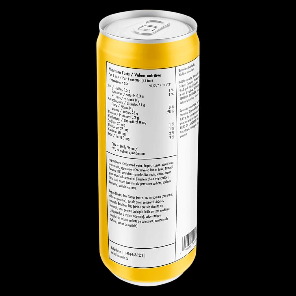 Sheesh x Nugz Neon Sunshine Live Rosin Happle Sm'Hash 355ml cannabis beverage can with yellow label and nutrition facts panel visible