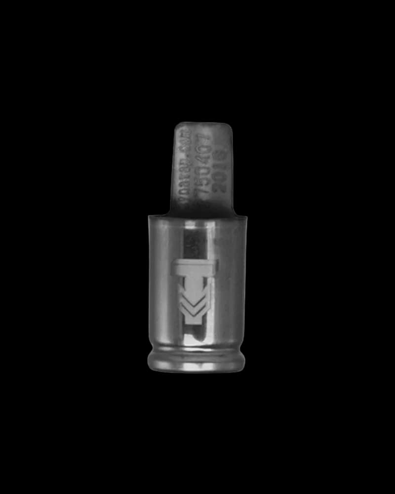 Black cannabis vape cartridge with chevron logo and embossed text on cap, 1g capacity